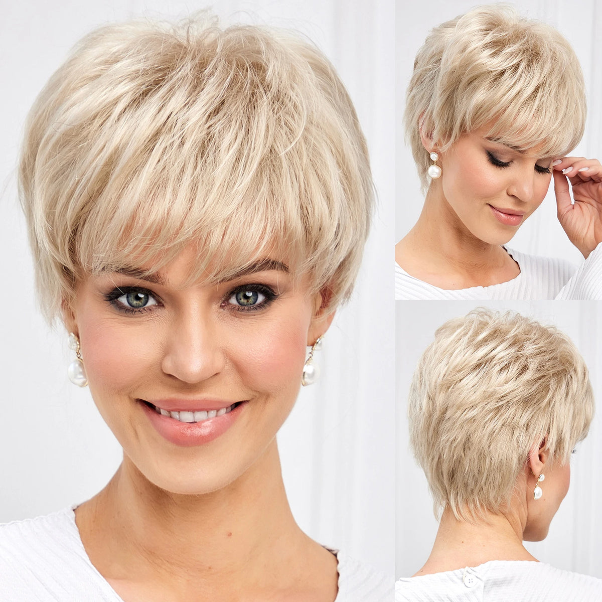 Light Blonde Mixed Off-White Pixie Cut Wig with Bangs