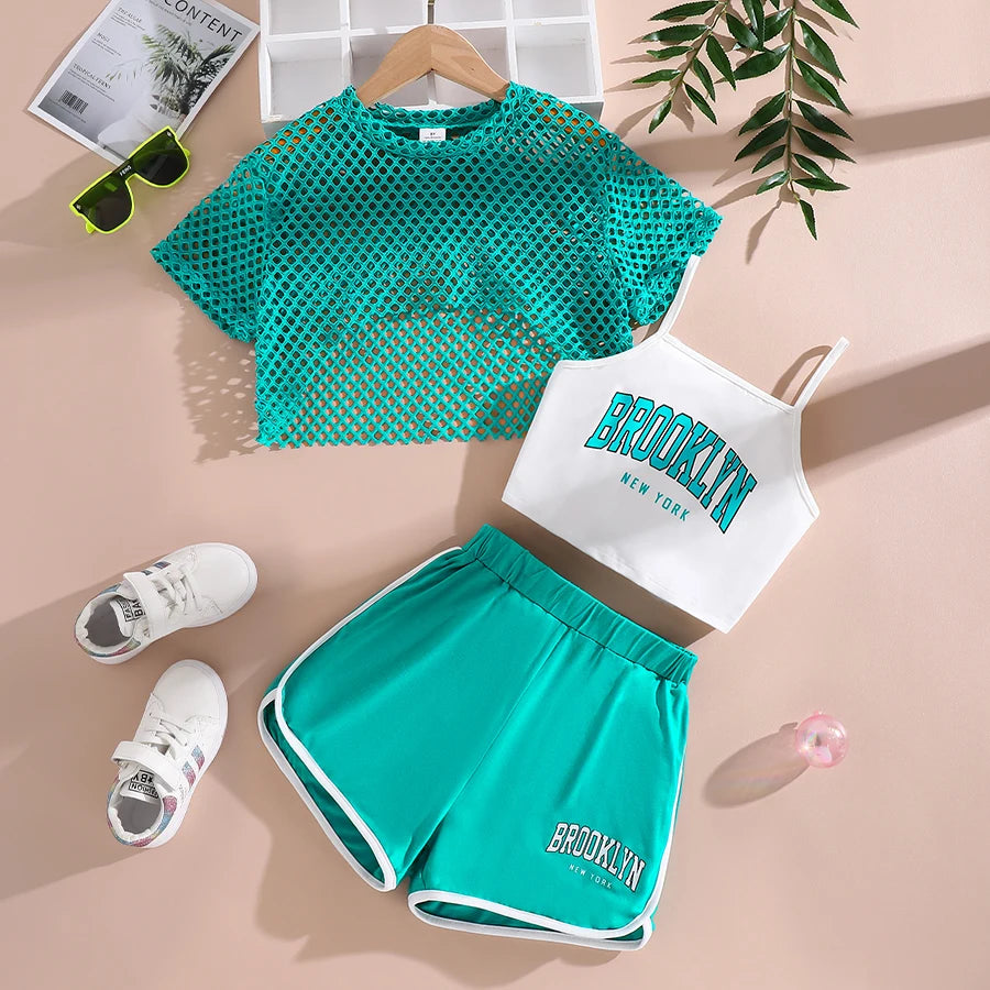 Summer Girls' 3-Piece Fashion Set with Mesh T-Shirt and Shorts