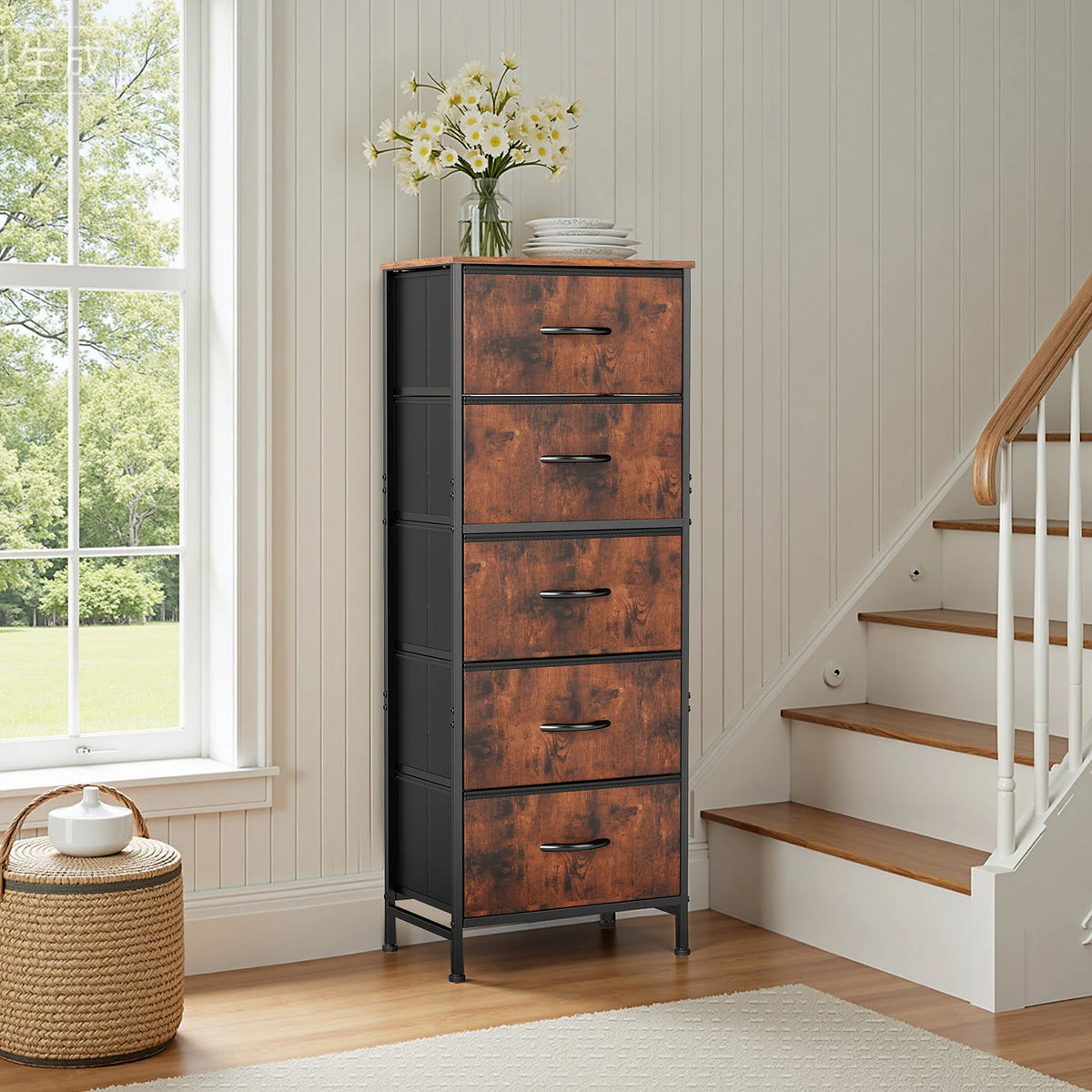 JHK 48 Inch Modern Dresser with 5 Fabric Drawers