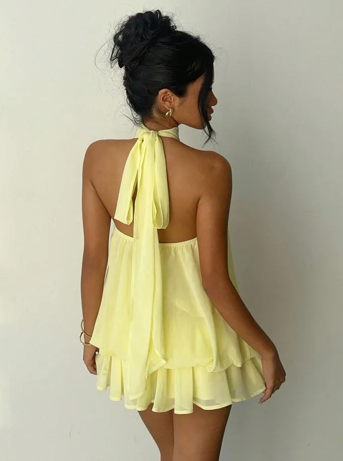 Women's Backless Halter Tie Waist Mini Dress in Polyester