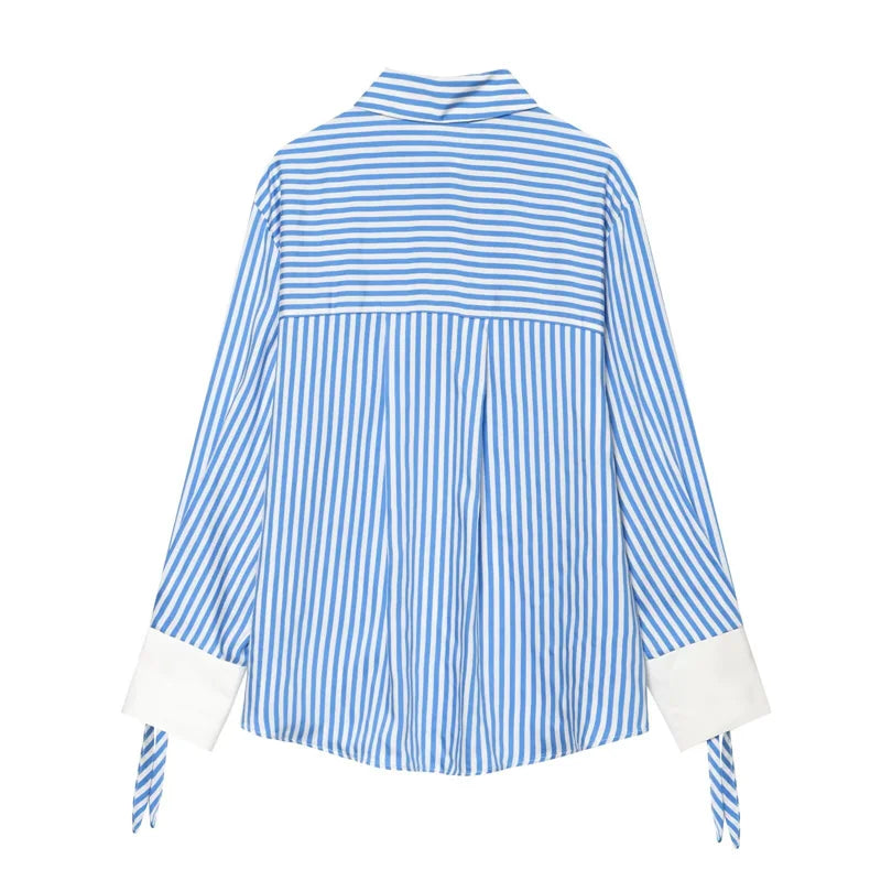 Women's Striped Bow-Tie Shirt Jacket in Polyester