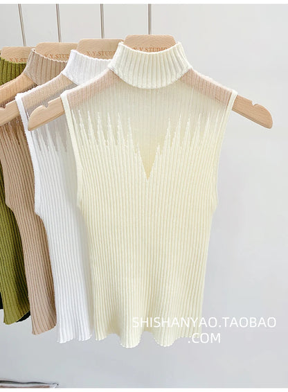 Mesh Knitted Tank Top Women Sleeveless Chic Cut Out
