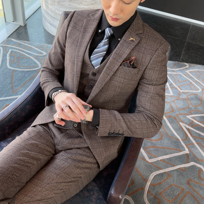 Modified Plaid Three-Piece Suit for Men