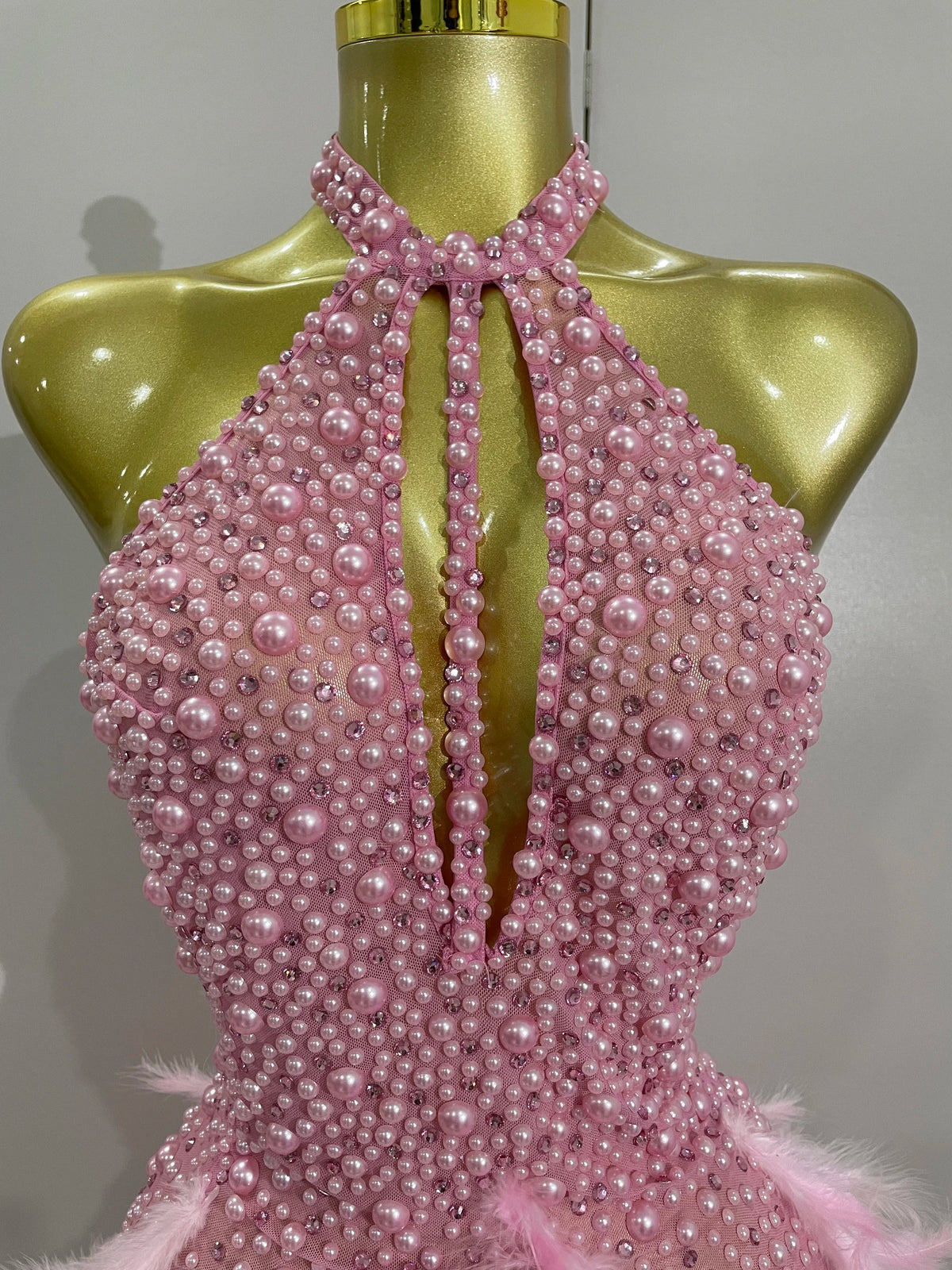 Luxury Rhinestones Pearls Feathers Halter Backless Dress
