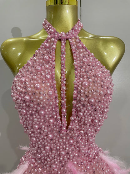 Luxury Rhinestones Pearls Feathers Halter Backless Dress