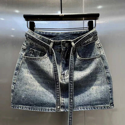Oversize Diamond Denim Mini Skirt Women Gradient Black Grey