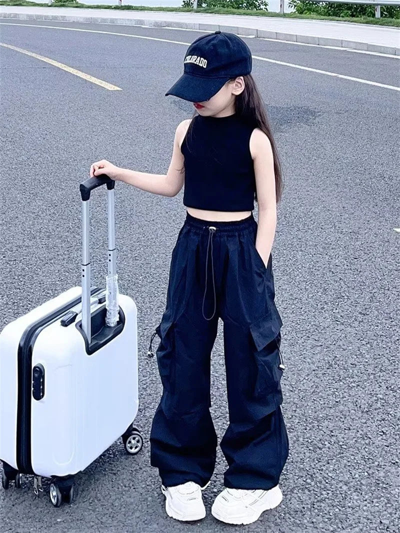 Girls Cargo Pants Cotton Polyester Black Grey Red