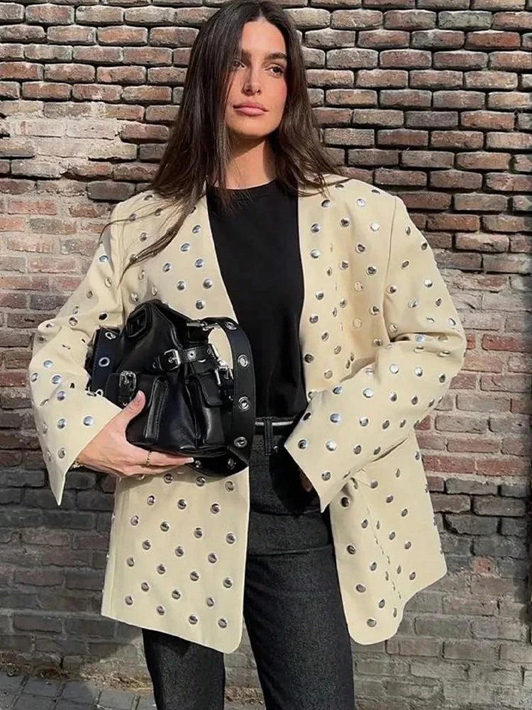 Beige Rivet Decoration Casual Blazer for Women