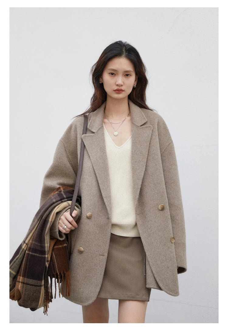 Women's Woolen Double Breasted Jacket Office Lady Outerwear