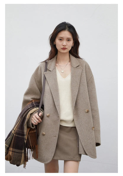 Women's Woolen Double Breasted Jacket Office Lady Outerwear
