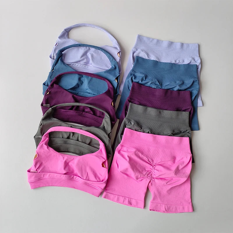 Peach High Waist Seamless Sports Bra and Shorts Set