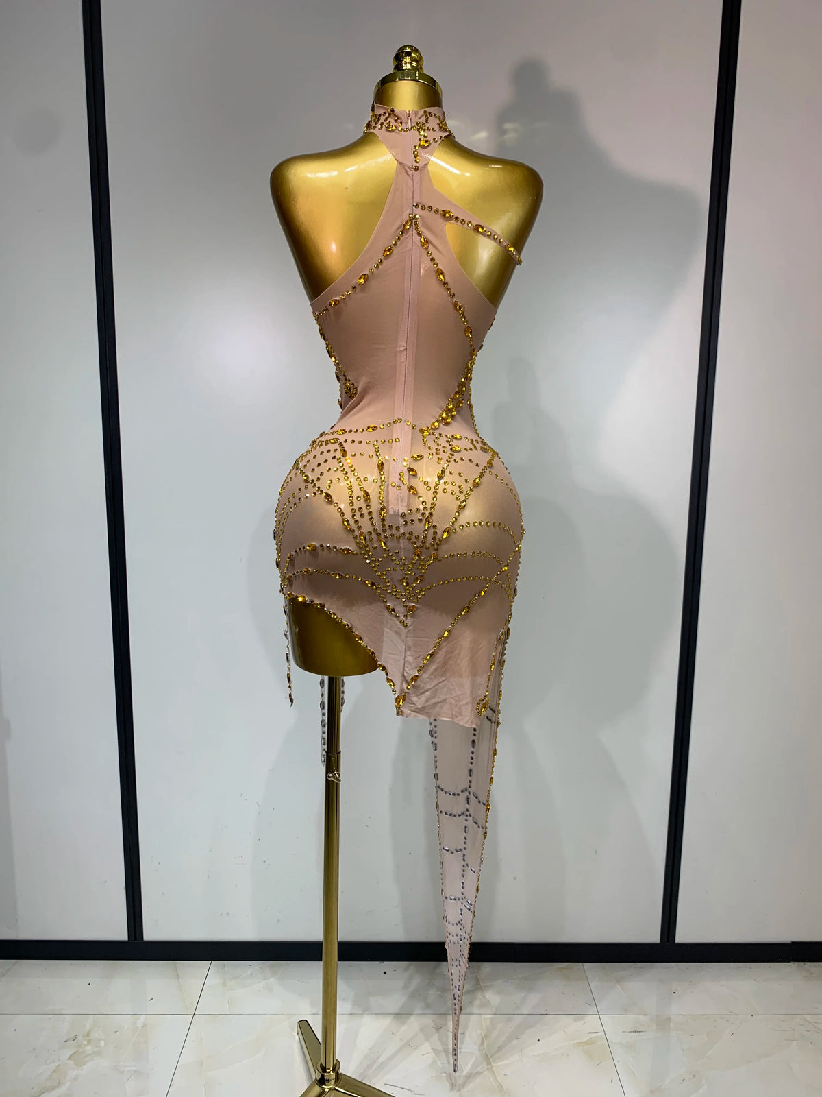 Black Mesh Crystal Diamond Bodycon Dress for Women
