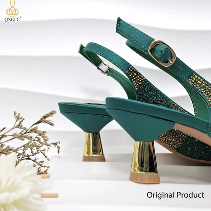 Italian Luxury Green Rhinestone Shoes and Bag Set
