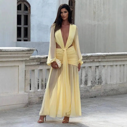 Deep V Hollow Backless Chiffon Maxi Party Dress