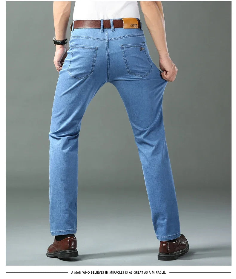 Men's Blue Straight Denim Jeans Lightweight Casual Trousers