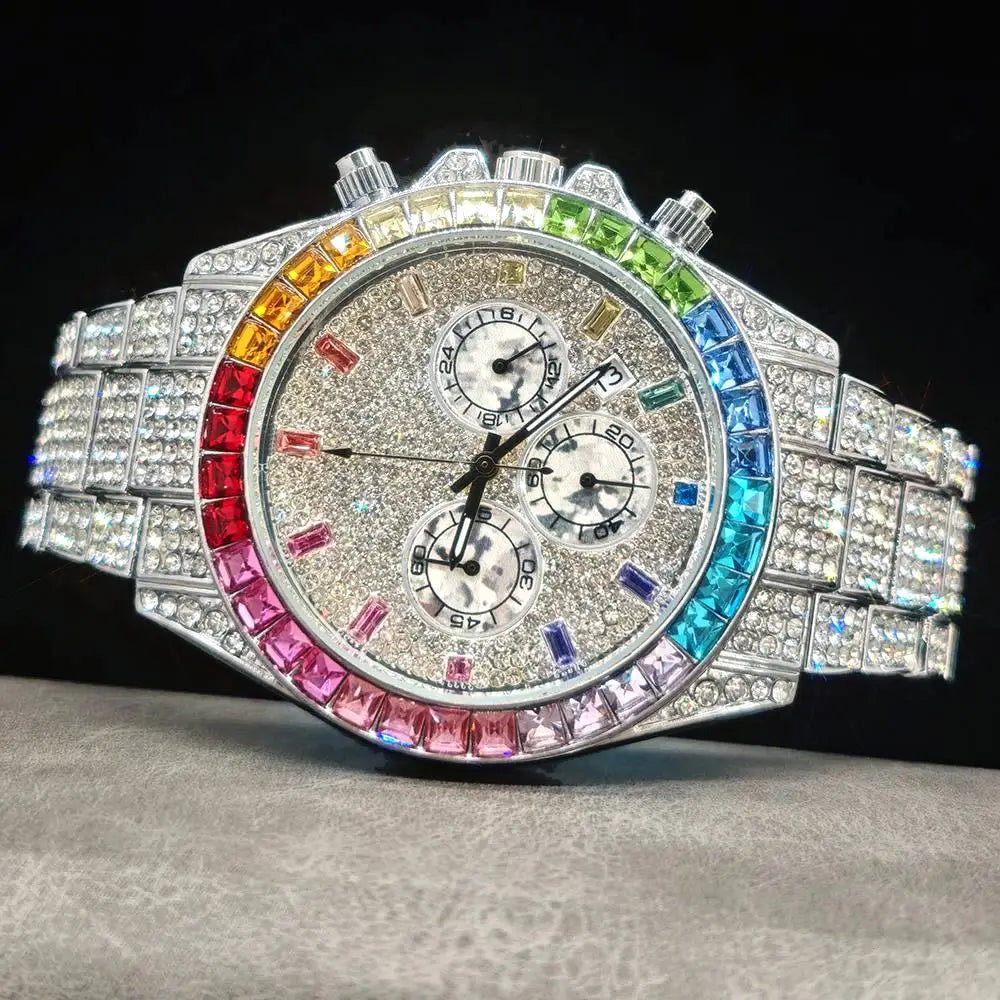 Fashion Gold Quartz Wristwatch for Men with Rainbow Diamonds