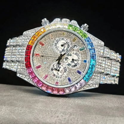 Fashion Gold Quartz Wristwatch for Men with Rainbow Diamonds
