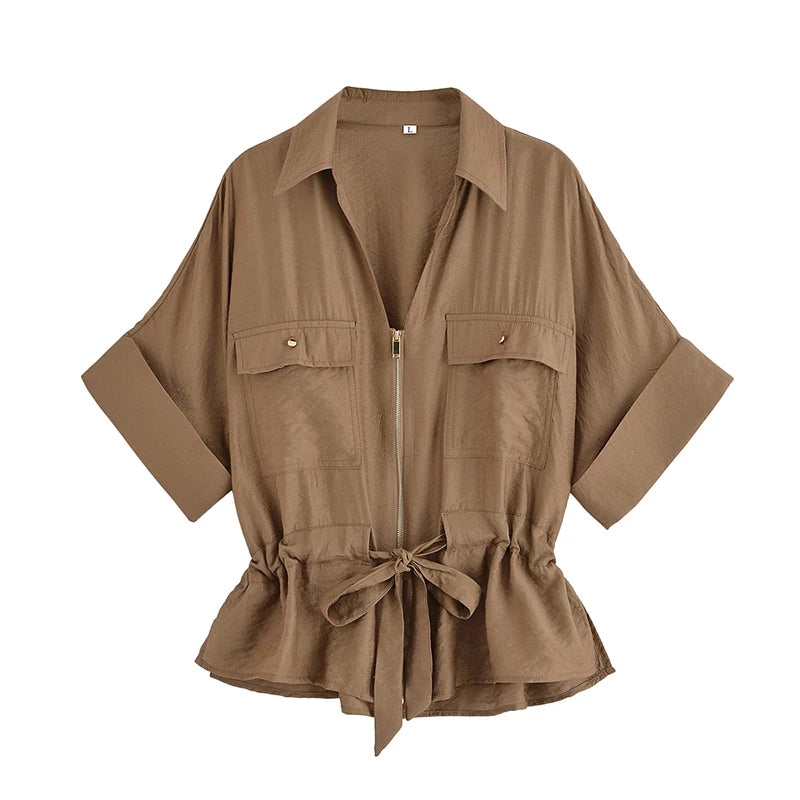 Willshela Women's Vintage 2 Piece Zipper Shirt and Trousers Set