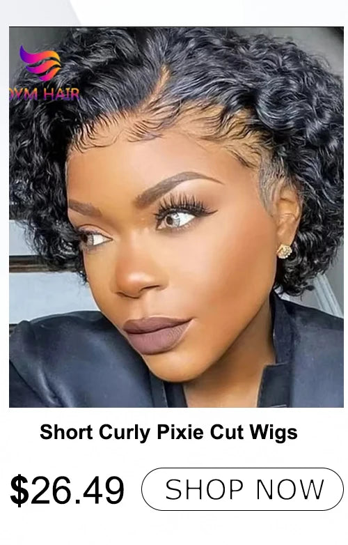 1B Pixie Cut Human Hair Wig Loose Curly Bangs 6 Inch