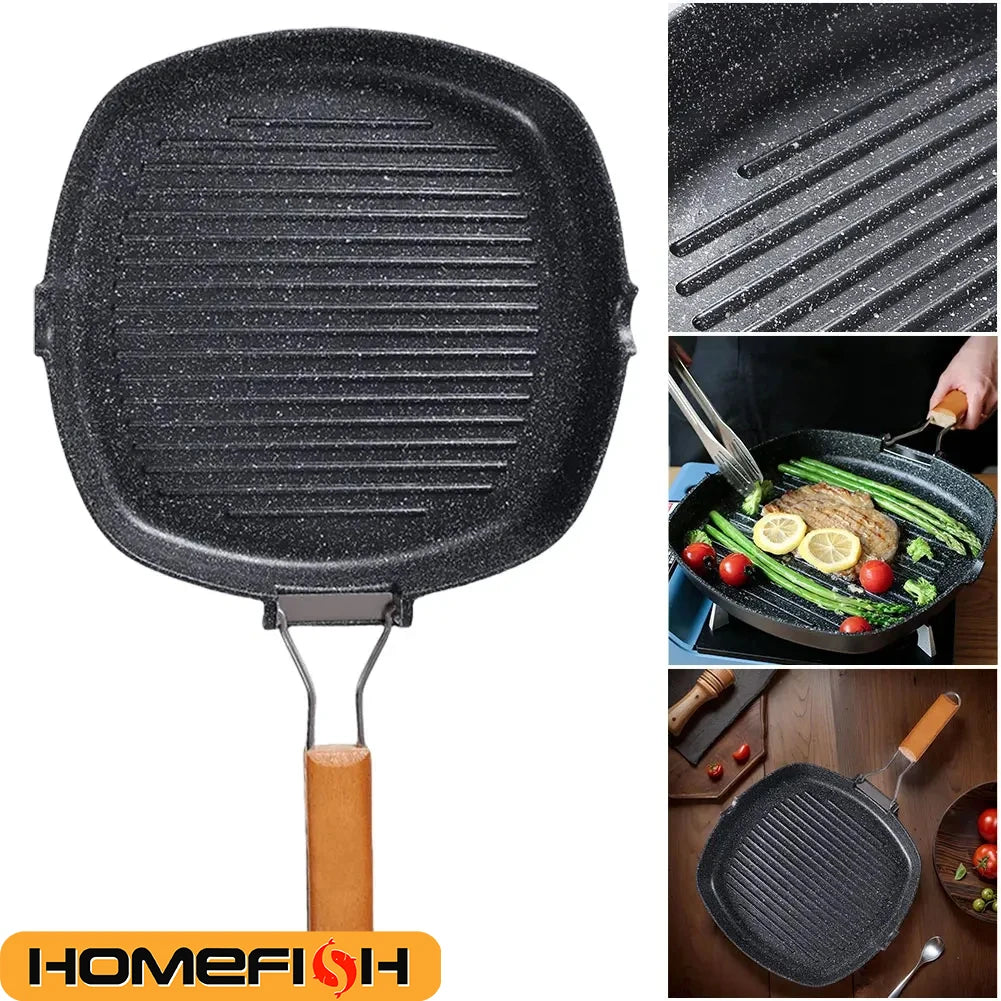 Foldable Portable Steel Grill Pan with Wooden Handle