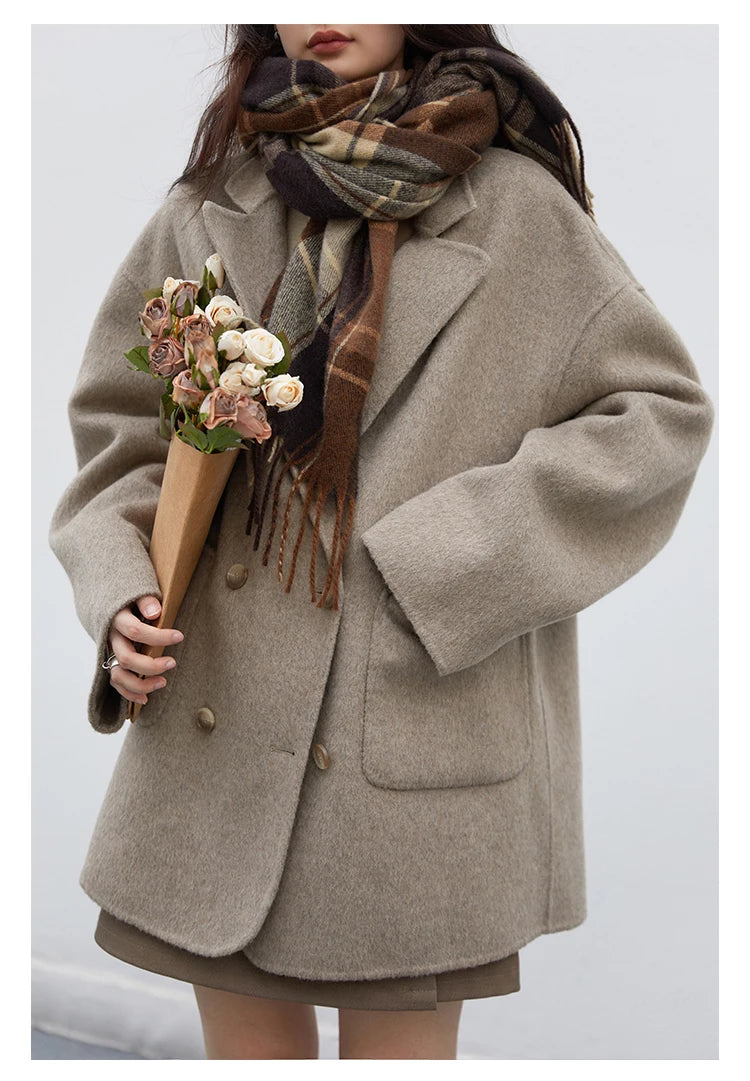 Women's Woolen Double Breasted Jacket Office Lady Outerwear