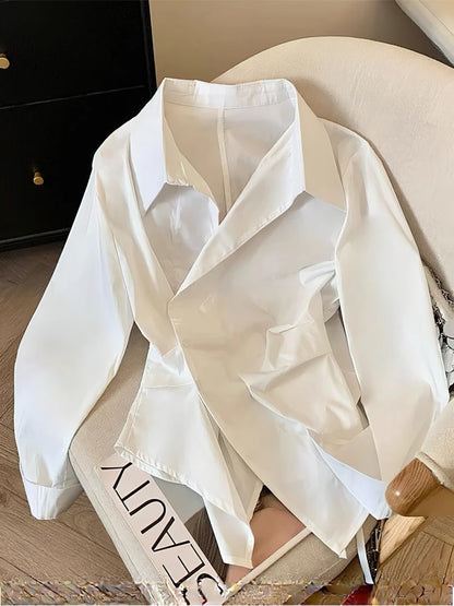 Irregular Long Sleeve Polo Shirt Women White Blouse