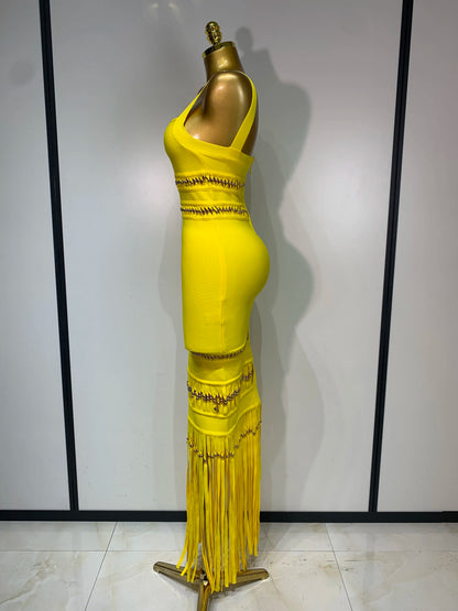 Women Sleeveless Square Collar Tassel Bodycon Dress
