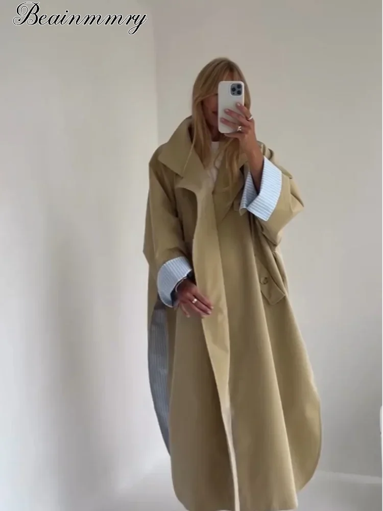Khaki Long Color-block Stripe Trench Coat for Women