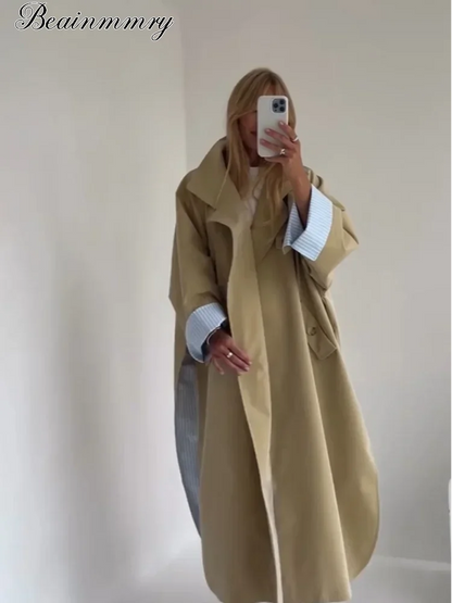 Khaki Long Color-block Stripe Trench Coat for Women