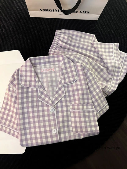 Japanese Minimalist Women's Pink Plaid Pajamas