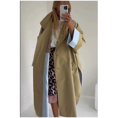 Khaki Long Color-block Stripe Trench Coat for Women