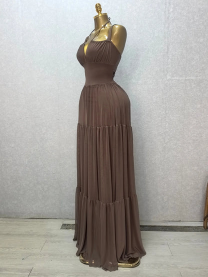 Summer Women Halter Maxi Dress Slim Polyester Beach Party