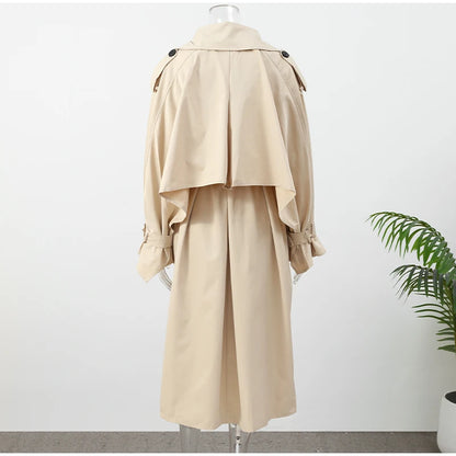 Khaki Long Color-block Stripe Trench Coat for Women