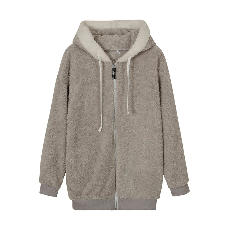 Loose Plush Zipper Hooded Jacket for Women