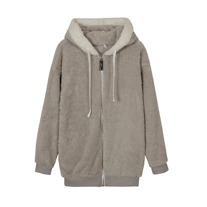 Loose Plush Zipper Hooded Jacket for Women