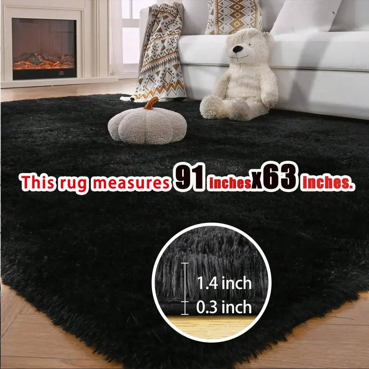 Black Plush Long-Pile Carpet, Soft Non-Slip Rug