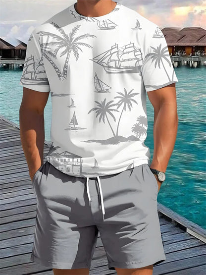 Men's Casual Hawaiian Print T-Shirt and Shorts Set