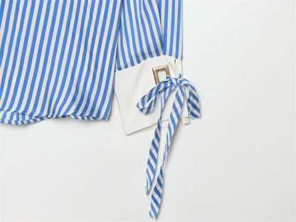 Women's Striped Bow-Tie Shirt Jacket in Polyester