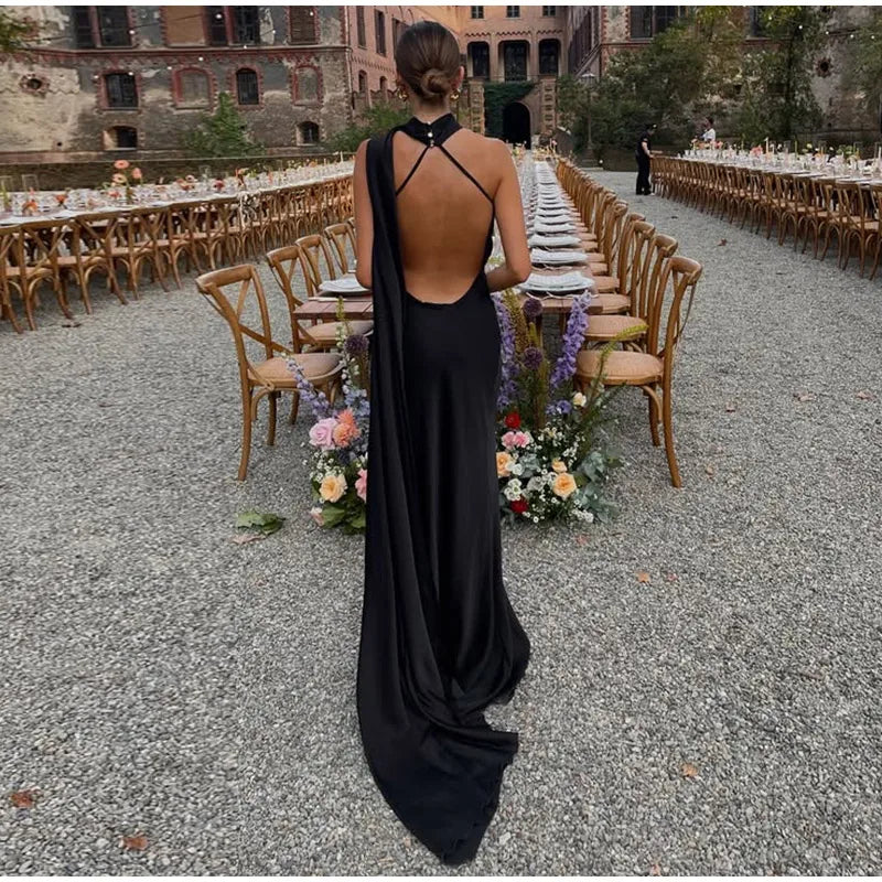 Elegant Halter Dress Women Solid Backless Maxi Dress
