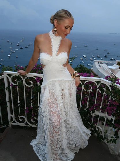 Sexy Lace Patchwork Halter Evening Gown for Women