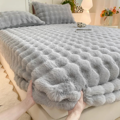 Fluffy Plush Fitted Bed Sheet Rabbit Fleece Solid Color