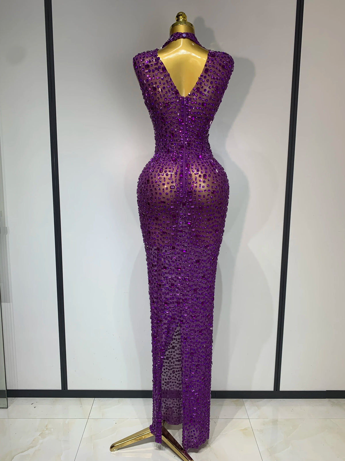 Gold Rhinestone Sleeveless Long Dress for Women
