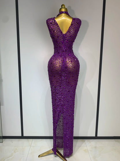 Gold Rhinestone Sleeveless Long Dress for Women