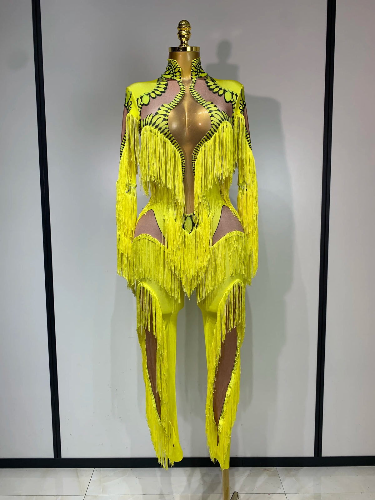Yellow Polyester Bodycon Jumpsuit with Tassels