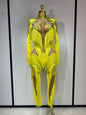 Yellow Polyester Bodycon Jumpsuit with Tassels