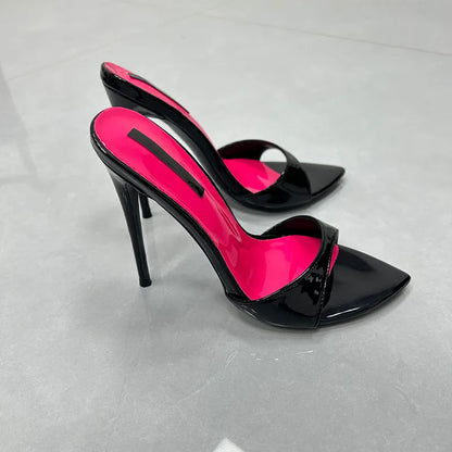 Patchwork Stiletto Heel Slippers Open Toe Thin Heels