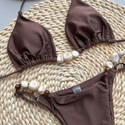 Solid Green Halter Triangle Bead String Bikini Set