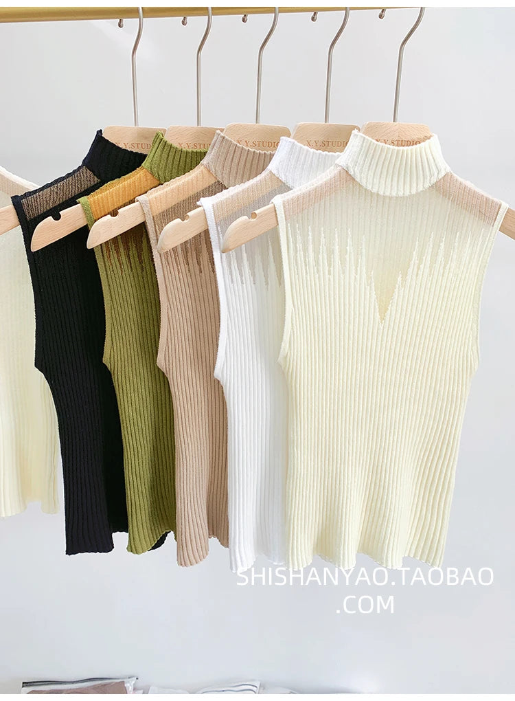 Mesh Knitted Tank Top Women Sleeveless Chic Cut Out