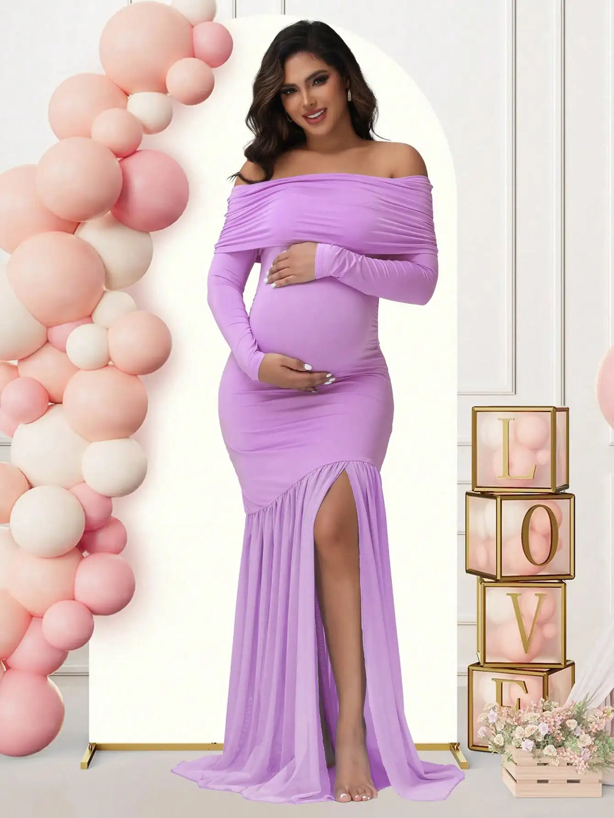 Elegant Off-Shoulder Maternity Dress with Slits