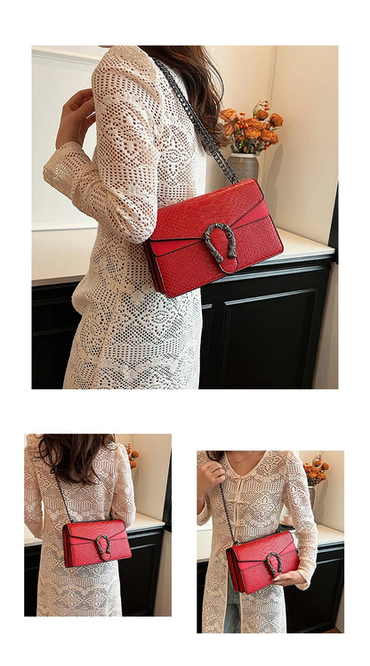 Retro Snake Pattern Chain Shoulder Bag for Women